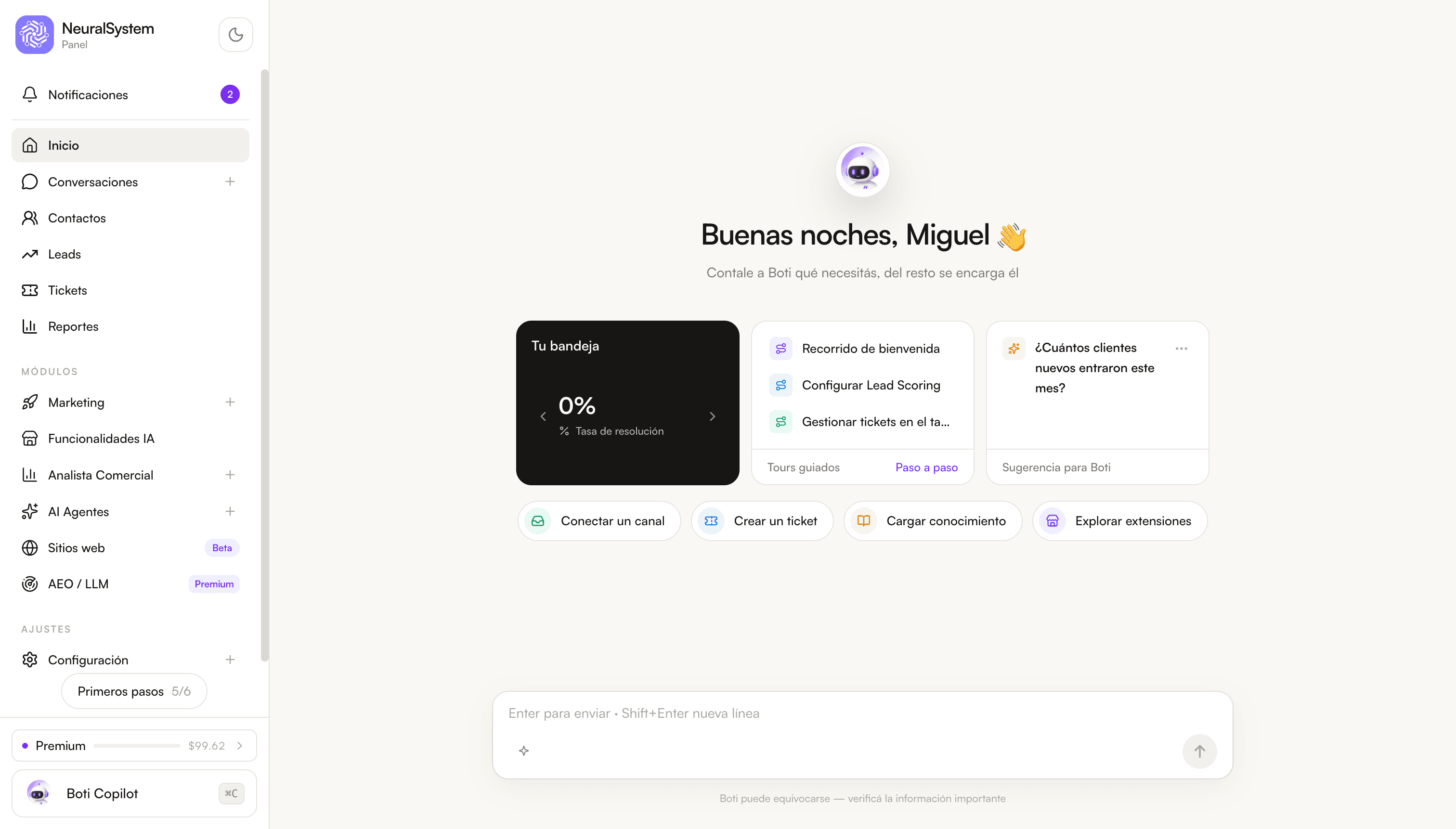 Pantalla de Inicio de NeuralOS: el copiloto Boti con la bandeja, los tours guiados y los accesos directos